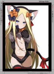 Rule 34 | 1girl, abigail williams (fate), animal ears, animal hands, bad id, bad twitter id, black gloves, black leotard, black thighhighs, blonde hair, blue eyes, bow, cat ears, cat tail, center opening, commentary request, cosplay, cowboy shot, dangeroes beast (illya), elbow gloves, fake animal ears, fate/grand order, fate/kaleid liner prisma illya, fate (series), gloves, hair bow, hands on own chest, highres, illyasviel von einzbern, illyasviel von einzbern (cosplay), leotard, long hair, official alternate costume, paw gloves, ribbon, shimejinameko, solo, tail, thighhighs, upper body, very long hair