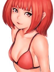 Rule 34 | 1girl, bikini, bikini top only, breasts, cleavage, face, flat chest, fumio (rsqkr), lips, original, red eyes, red hair, short hair, smile, solo, swimsuit