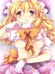 Rule 34 | 1girl, blonde hair, breasts, chigo, clothes lift, female focus, gloves, hand on own face, hand on own stomach, hat, kirisame marisa, lying, midriff, navel, ribbon, shirt lift, skirt, solo, touhou, underboob, upper body, wavy hair, white gloves