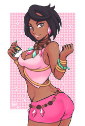 Rule 34 | 1girl, ass, bead necklace, beads, black hair, blue nails, bracelet, breasts, creatures (company), crop top, dark-skinned female, dark skin, earrings, elite four, game freak, grey eyes, holding, holding poke ball, iahfy, island kahuna, jewelry, lipstick, looking at viewer, makeup, medium breasts, midriff, nail polish, neck ring, necklace, nintendo, olivia (pokemon), poke ball, pokemon, pokemon sm, short hair, short shorts, shorts, sleeveless, solo, swept bangs, trial captain