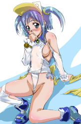 Rule 34 | 00s, 1girl, blue eyes, blue hair, blush, breasts, demag, dutch angle, hand to own mouth, matching hair/eyes, moetan, one-piece swimsuit, pastel ink, reclining, school swimsuit, sideboob, single thighhigh, solo, swimsuit, thighhighs, torn clothes, twintails, undersized clothes, white one-piece swimsuit, white school swimsuit