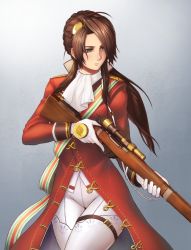 Rule 34 | 1girl, ascot, bolt action, braid, braided bun, breasts, brown hair, bulge, bullet, closed mouth, coat, collared coat, cowboy shot, crossed legs, eyebrows, finalcake, floating hair, girls&#039; frontline, gloves, green eyes, gun, hair bun, hair ornament, holding, holding gun, holding weapon, large breasts, leather, leather gloves, lee-enfield, lee-enfield (girls&#039; frontline), long hair, long sleeves, looking to the side, medal, medallion, military, military uniform, pants, red coat, rifle, sash, scope, sidelocks, simple background, solo, thigh strap, thighhighs, trigger discipline, uniform, vest, watson cross, weapon, white gloves, white pants, white thighhighs