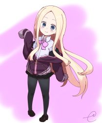 Rule 34 | 10s, 1girl, abigail williams (fate), black footwear, black pantyhose, black skirt, blonde hair, blue eyes, blush, bow, closed mouth, collared shirt, commentary request, cosplay, fate/grand order, fate (series), forehead, gridman universe, highres, jacket, kujou karasuma, loafers, long hair, long sleeves, miniskirt, noba (veronicanoha), off shoulder, pantyhose, pink bow, pleated skirt, purple jacket, shinjou akane, shinjou akane (cosplay), shirt, shoes, signature, skirt, sleeves past fingers, sleeves past wrists, smile, solo, ssss.gridman, very long hair, white shirt
