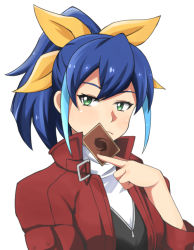 Rule 34 | 1girl, blue hair, blush, bow, card, closed mouth, green eyes, hair bow, jacket, looking at viewer, multicolored hair, naginoya, open clothes, open jacket, ponytail, red jacket, serena (yu-gi-oh!), solo, two-tone hair, upper body, yellow bow, yu-gi-oh!, yu-gi-oh! arc-v
