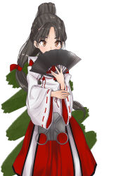 Rule 34 | 1girl, black hair, blush, brown eyes, covering own mouth, cowboy shot, hair tie, hakama, hakama skirt, hand fan, high ponytail, highres, holding, holding fan, japanese clothes, kantai collection, kariginu, long hair, long sleeves, miko, multi-tied hair, nisshin (kancolle), okobo, red hakama, red ribbon, ribbon, sandals, simple background, skirt, solo, thick eyebrows, timato, very long hair, white background, wide sleeves