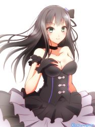 Rule 34 | 10s, 1girl, bare shoulders, black dress, black gloves, black gothic dress (idolmaster), black hair, black ribbon, breast suppress, breasts, choker, cleavage, collar, collarbone, dress, gloves, green eyes, hair ornament, idolmaster, idolmaster cinderella girls, long hair, looking at viewer, medium breasts, neck ribbon, ookami maito, ribbon, ribbon choker, shibuya rin, simple background, smile, solo, strapless, strapless dress, white background
