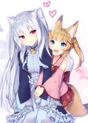 Rule 34 | 2girls, animal ear fluff, animal ears, arm hug, bare shoulders, black dress, blonde hair, blue eyes, blue flower, closed mouth, collarbone, commentary request, crossover, detached sleeves, dress, floral print, flower, fox ears, fox girl, fox tail, hair bobbles, hair ornament, hair ribbon, hairclip, heart, highres, kemomimi oukoku kokuei housou, long hair, long sleeves, looking at another, mikoko (kemomimi oukoku kokuei housou), multiple girls, nora cat, nora cat channel, pink flower, pleated skirt, print skirt, red eyes, red ribbon, red skirt, ribbon, silver hair, skirt, sleeveless, sleeves past fingers, sleeves past wrists, @ @, tahya, tail, twintails, very long hair, virtual youtuber, white background, wide sleeves