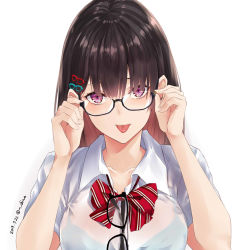 Rule 34 | 1girl, :p, adjusting eyewear, artist name, black-framed eyewear, black bra, black hair, bow, bowtie, bra, bra visible through clothes, breasts, collarbone, commentary, dated, glasses, hair between eyes, hair ornament, hands up, long hair, looking at viewer, medium breasts, nabeshima tetsuhiro, original, purple eyes, red bow, red bowtie, see-through, shirt, short sleeves, simple background, solo, striped bow, striped bowtie, striped clothes, striped neckwear, symbol-only commentary, tongue, tongue out, twitter username, underwear, upper body, white background, white shirt