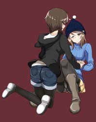 Rule 34 | 10s, 2girls, black footwear, black legwear, black sweater, blue hat, blue shorts, blue sweater, blush, bobblehat, boots, brown background, brown eyes, brown footwear, brown hair, casual, commentary request, crotch seam, denim, denim shorts, emblem, from behind, full body, girls und panzer, gusset, hat, hikyakuashibi, holding hands, hood, hoodie, kneeling, lace, lace-trimmed panties, lace trim, long hair, long sleeves, looking at another, looking at viewer, maroon background, mika (girls und panzer), miniskirt, multiple girls, nishizumi maho, one eye closed, panties, panties under pantyhose, pantyhose, pantyhose under shorts, pantyshot, parted lips, pleated skirt, ribbed sweater, shoes, short hair, short shorts, shorts, simple background, sitting, skirt, smile, swastika, sweater, thighband pantyhose, turtleneck, underwear, winter clothes, yellow skirt, yuri