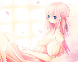 Rule 34 | 1girl, ayakichi, blue eyes, dress, long hair, original, petals, pink hair, solo, window