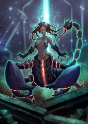 Rule 34 | 1girl, absurdres, bare shoulders, breasts, claws, collarbone, floating hair, full body, glowing, glowing eyes, highres, arthropod girl, large breasts, long hair, looking at viewer, medium breasts, monster girl, navel, original, red hair, scorpion, scorpion girl, scorpion tail, smile, solo, standing, stomach, tail, xue qi ye (dndtmbdue), yellow eyes