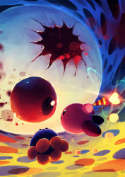 Rule 34 | absurdres, battle, blush, commentary, crack, flying, gooey (kirby), highres, holding, kirby, kirby&#039;s dream land 3, kirby (series), looking at another, love love stick, monster, nintendo, no humans, open mouth, red eyes, self-harm, suyasuyabi, twitter username, zero (kirby)