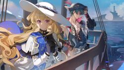 1boy 1girl black_bow black_collar black_gloves blonde_hair blue_hair blue_sash blue_shirt blue_sky bow brant_(wuthering_waves) breasts closed_mouth collar commentary english_commentary gloves hair_bow hand_on_own_hat hand_on_own_hip hat hat_feather highres long_hair long_sleeves looking_ahead looking_at_viewer medium_breasts ocean open_clothes open_shirt outdoors own_hands_clasped own_hands_together pants parted_lips phoebe_(wuthering_waves) purple_eyes sash shirt short_hair sky striped_bow tricorne venn_(vebonbon) very_long_hair water white_hat white_pants white_shirt wind wuthering_waves