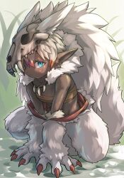 Rule 34 | 1girl, animal ears, animal hands, animal skull, artist name, blonde hair, blue eyes, body fur, breasts, chihua zoku, claws, cleavage, collarbone, colored tips, dark-skinned female, dark skin, facial mark, female focus, full body, furry, furry female, grass, highres, jewelry, looking at viewer, multicolored hair, neck fur, necklace, original, outdoors, own hands together, red hair, sarashi, short hair, sidelocks, signature, skull on head, small breasts, solo, squatting, symbol-shaped pupils, tail, tooth necklace, triangle-shaped pupils, twitter username, two-tone hair, v arms, white fur