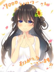 Rule 34 | 1girl, bad id, bad twitter id, bare shoulders, black hair, blue eyes, blush, braid, breasts, cleavage, closed mouth, collarbone, dress, fingers together, hair between eyes, hair ornament, half-closed eyes, highres, long hair, looking at viewer, medium breasts, milestone celebration, navy (navy.blue), original, own hands together, petals, smile, solo, sundress, upper body, white background, white dress