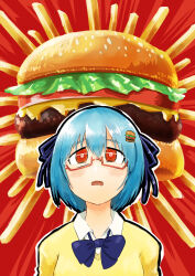 Rule 34 | 1girl, @ @, absurdres, blue bow, blue hair, blue ribbon, blush, bow, burger, burger hair ornament, cheese, collared shirt, drooling, food, food-themed hair ornament, french fries, hair between eyes, hair ornament, hamburger-chan (hundredburger), highres, ko-chin-4327, lettuce, meat, mouth drool, no nose, open mouth, original, red-framed eyewear, red background, red eyes, ribbon, semi-rimless eyewear, shirt, short hair, solo, sweater, tomato, tomato slice, upper body, white shirt