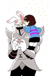 Rule 34 | androgynous, animal ears, armor, blush, brown hair, closed eyes, fake animal ears, frisk (undertale), full armor, gender request, knight, rabbit ears, royal guard 01 (undertale), shirt, short hair, shorts, striped clothes, striped shirt, sweater, tldalrha, undertale