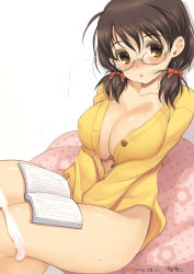 Rule 34 | 10s, 1girl, :o, areola slip, asano fuka, blush, book, bow, breasts, brown eyes, brown hair, cardigan, cleavage, covering privates, covering crotch, dated, glasses, hair bow, heavy breathing, idolmaster, idolmaster cinderella girls, kiya shii, large breasts, looking at viewer, naked cardigan, open book, panties, panty pull, pillow, short hair, sitting, solo, sweat, underwear, v arms, white legwear, white panties