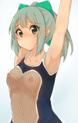 Rule 34 | 10s, 1girl, :/, alternate costume, arm behind head, arm grab, arm up, armpits, bad id, bad pixiv id, bare arms, blush, bow, breasts, brown eyes, fishnet swimsuit, fishnets, green hair, hair bow, kantai collection, kunugi miyaco, looking at viewer, medium breasts, nipples, one-piece swimsuit, ponytail, revealing clothes, see-through, short hair, solo, swimsuit, upper body, yuubari (kancolle)