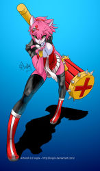 Rule 34 | 1girl, amy rose, black jacket, bracelet, breasts, dress, fingerless gloves, furry, furry female, gloves, green eyes, hammer, highres, jacket, jewelry, leather, leather jacket, looking at viewer, luigiix, miniskirt, pink hair, red dress, skirt, sonic (series), spiked hammer, spiked jacket, tongue, tongue out, yellow bracelet