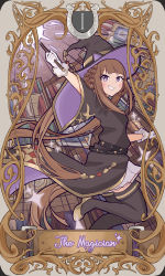 Rule 34 | 1girl, absurdres, animal ears, art nouveau, black thighhighs, blush, bookshelf, boots, brown hair, commentary request, discharge mochi, gloves, grin, hat, highres, horse ears, horse girl, horse tail, huge filesize, leg up, long hair, purple eyes, smile, solo, sweep tosho (umamusume), tail, tarot, tarot (medium), the magician (tarot), thighhighs, twintails, umamusume, wand, white gloves, witch hat