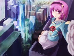 Rule 34 | 1girl, black thighhighs, blouse, blue shirt, building, city, danraz0r, day, expressionless, foreshortening, komeiji satori, lavender skirt, ledge, long sleeves, looking at viewer, no lineart, outdoors, painting (action), phone, pink eyes, pink hair, self-upload, selfie, shirt, sitting, solo, thighhighs, third eye, touhou
