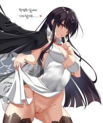 Rule 34 | 1girl, :p, absurdres, black hair, black jacket, black thighhighs, breasts, censored, choker, cleavage, cleft of venus, closed mouth, clothes lift, commentary request, counter:side, covered navel, cowboy shot, dress, dress lift, elze (s01047480836), finger to mouth, gluteal fold, highres, index finger raised, jacket, jacket on shoulders, korean commentary, korean text, large breasts, lifted by self, long hair, looking at viewer, mosaic censoring, pussy, red eyes, shushing, simple background, sleeveless, sleeveless dress, smile, solo, straight hair, tassel, thighhighs, tongue, tongue out, translation request, very long hair, white background, white choker, white dress, yen xing lanchester