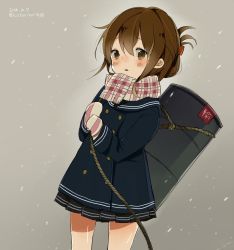 Rule 34 | 10s, 1girl, 2014, barrel, brown eyes, brown hair, chiyu (cotoritori), coat, drum (container), folded ponytail, gloves, inazuma (kancolle), kantai collection, md5 mismatch, plaid, plaid scarf, resized, resolution mismatch, rope, scarf, snow, solo, source larger, twitter username