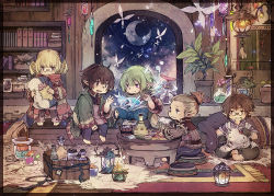 Rule 34 | 00s, 1girl, 4boys, apron, blonde hair, book, bookshelf, bottle, brown hair, carpet, crescent moon, cup, drink, drinking glass, final fantasy, final fantasy xi, fujiwara akina, glasses, gloves, green hair, hand up, indoors, lantern, magic, moon, multiple boys, night, open book, open mouth, pillow, plant, pointy ears, potted plant, reading, sitting, star (sky), steam, tarutaru, two side up
