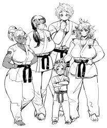 Rule 34 | 1boy, 4girls, age difference, bad id, bad pixiv id, barefoot, belt, blush, breasts, child, crossed arms, dark skin, dougi, greyscale, hair ribbon, hands on own hips, height difference, highres, huge breasts, long hair, low ponytail, martial arts belt, mature female, monochrome, multiple girls, onee-shota, plump, ponytail, ribbon, ruffling hair, short hair, sketch, smile, sports bra, synecdoche