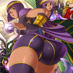 Rule 34 | 1girl, ass, bike shorts, breasts, cameltoe, capcom, cape, circlet, crystal ball, curvy, dark-skinned female, dark skin, egyptian, female focus, fingerless gloves, from behind, from below, fushisha o, gloves, gold, green eyes, hip focus, huge ass, immortality o, large breasts, looking at viewer, looking back, menat, open mouth, purple hair, sarong, shiny clothes, shiny skin, short hair, sideboob, solo, street fighter, street fighter v, sweat, thick thighs, thighhighs, thighs, wide hips