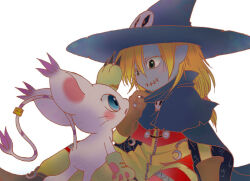 Rule 34 | animal ears, blonde hair, brown gloves, cat, cat ears, couple, digimon, digimon (creature), gloves, hair between eyes, hat, holy ring, jewelry, ring, simple background, skull, tail, tailmon, white background, wizard, wizard hat, wizarmon