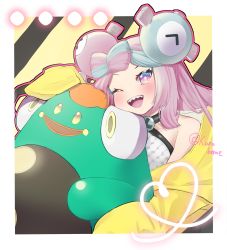 Rule 34 | 1girl, ;d, affectionate, bellibolt, blush, border, character hair ornament, collarbone, commentary request, creatures (company), game freak, green hair, hair ornament, happy, heart, highres, iono (pokemon), kanabime, long hair, nintendo, one eye closed, open mouth, pink hair, pokemon, pokemon (creature), pokemon sv, shirt, sleeveless, sleeveless shirt, smile, teeth, tongue, upper teeth only, white border, white shirt