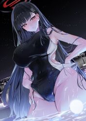 Rule 34 | 1girl, absurdres, bare shoulders, black hair, blue archive, blunt bangs, blush, breasts, building, covered navel, hair ornament, hairclip, halo, highleg, highleg swimsuit, highres, large breasts, long hair, looking at viewer, night, one-piece swimsuit, pool, red eyes, rio (blue archive), solo, swimsuit, thick thighs, thighs, two-tone swimsuit, very long hair, wading, wet, yuki (asayuki101)