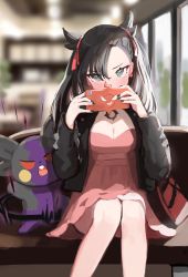 Rule 34 | 1girl, absurdres, asymmetrical bangs, asymmetrical hair, black hair, black jacket, black nails, blue eyes, blurry, blurry background, blush, breasts, choker, cleavage, couch, covering own mouth, covering privates, creatures (company), dress, game freak, gen 4 pokemon, gen 8 pokemon, hair ribbon, highres, holding, indoors, jacket, long hair, long sleeves, marnie (pokemon), medium breasts, morpeko, morpeko (hangry), nail polish, nintendo, piercing, pink dress, pokemon, pokemon (creature), pokemon swsh, ribbon, rotom, rotom phone, seorang, sitting, undercut
