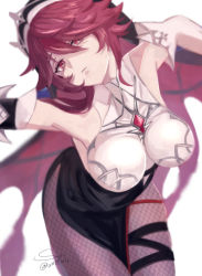 Rule 34 | absurdres, armpits, black pantyhose, breasts, closed mouth, detached sleeves, fishnet legwear, fishnets, genshin impact, highres, large breasts, looking at viewer, nun, pantyhose, red eyes, red hair, rosaria (genshin impact), thousand
