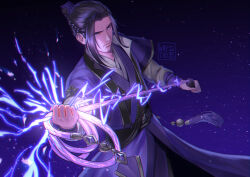 Rule 34 | 1boy, bian (weapon), black hair, braid, chinese clothes, closed mouth, commentary request, cowboy shot, dark background, dutch angle, hair bun, hair intakes, hanfu, holding, holding weapon, holding whip, jiang cheng, lightning, looking at viewer, magic, male focus, modao zushi, purple background, purple eyes, robe, sash, serious, simple background, single hair bun, solo, tassel, watermark, waytooemily, weapon, whip