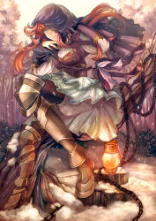 Rule 34 | 1girl, bad id, bad pixiv id, blue eyes, bow, breasts, chain, female focus, forest, full body, high heels, highres, hood, lantern, long hair, nail, nature, original, outdoors, plant, red hair, shoes, skirt, smile, solo, ta-to (sprout), tree