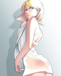 Rule 34 | 1girl, blonde hair, blue eyes, cowboy shot, from side, gradient background, grey background, gundam, hair between eyes, highres, looking at viewer, medium hair, mobile suit gundam, naked towel, oh syz, parted lips, sayla mass, shoulder blades, solo, standing, towel, wet, wet hair, wet towel, white towel