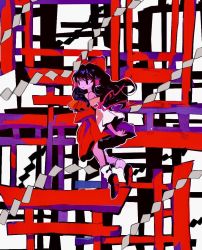 Rule 34 | 1girl, :/, abstract background, arms at sides, ascot, black eyes, black footwear, black hair, bow, closed mouth, detached sleeves, floating hair, frilled hair tubes, frills, from side, full body, hair bow, hair tubes, hakurei reimu, long hair, looking afar, red ascot, red bow, red skirt, red vest, ribbon-trimmed sleeves, ribbon trim, shide, shoes, skirt, skirt set, socks, solo, soumenhiyamugi, torii, touhou, vest, white sleeves, white socks, wide sleeves