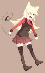 Rule 34 | 1girl, animal ears, bad id, bad pixiv id, black eyes, blonde hair, blush, blush stickers, boots, brown background, clenched hands, collared shirt, eyes visible through hair, fang, full body, funamusea, long hair, moge-ko, mogeko castle, necktie, open mouth, poi (4034890), red necktie, red skirt, shadow, shirt, sidelocks, simple background, skirt, solo, tail, thighhighs, vest, zettai ryouiki