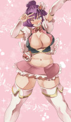 Rule 34 | 1girl, blush, breasts, brooch, cleavage, cosplay, cure lovely, cure lovely (cosplay), grin, happinesscharge precure!, heart, heart brooch, huge breasts, looking at viewer, miniskirt, navel, one eye closed, pink skirt, precure, purple eyes, red eyes, short hair, skirt, smile, solo, thighhighs, touhou, v, white thighhighs, wink, yasaka kanako, yohane