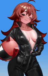 Rule 34 | 1girl, ahoge, biker clothes, bikesuit, blue background, blush, bodysuit, breasts, breasts apart, brown hair, cowboy shot, friday night funkin&#039;, girlfriend (friday night funkin&#039;), gradient background, helmet, highres, holding, holding helmet, long hair, medium breasts, nia (nia4294), no bra, one eye closed, partially unzipped, shadow, smile, solo