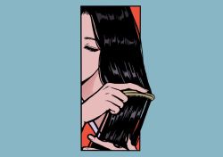 Rule 34 | 1girl, black hair, blue border, border, comb, closed eyes, long hair, minillustration, original, outside border, red background, shadow, simple background, solo
