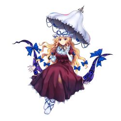 Rule 34 | 1girl, blonde hair, blue bow, blue ribbon, bow, dress, elbow gloves, full body, game cg, gap (touhou), gloves, hair bow, hat, hat ribbon, highres, holding, holding umbrella, long hair, looking at viewer, low-braided long hair, low-tied long hair, parasol, perfect cherry blossom, purple dress, ribbon, rotte (1109), simple background, solo, third-party source, touhou, touhou lostword, umbrella, wavy hair, white background, white footwear, white gloves, white hat, white umbrella, yakumo yukari, yellow eyes