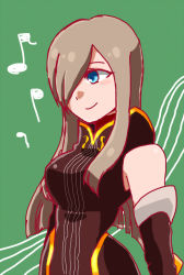 Rule 34 | 00s, 1girl, bare shoulders, blue eyes, blush, breasts, brown hair, dress, elbow gloves, gloves, green background, hair over one eye, long hair, smile, tales of (series), tales of the abyss, tear grants