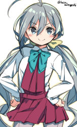 Rule 34 | 1girl, ahoge, bow, bowtie, commentary request, grey eyes, grey hair, grey pantyhose, hair between eyes, halterneck, hands on own hips, kantai collection, kiyoshimo (kancolle), laco soregashi, long hair, looking at viewer, low twintails, one-hour drawing challenge, pantyhose, school uniform, shirt, simple background, smug, solo, twintails, twitter username, white background, white shirt