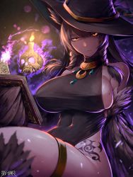 Rule 34 | 1girl, black dress, black hat, book, braid, breasts, candle, closed mouth, copyright name, cowboy shot, dairoku ryouhei, dress, feathered wings, frown, harpy, hat, hetza (hellshock), holding, holding book, large breasts, long hair, looking at viewer, magic, monster girl, pentagram, sideboob, sitting, skull, sleeveless, sleeveless dress, solo, tattoo, twin braids, winged arms, wings, witch hat