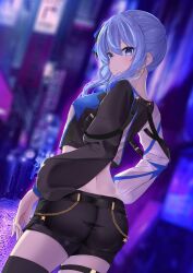 Rule 34 | 1girl, absurdres, alley, ass, blue eyes, blue hair, blurry, blurry background, breasts, capsule (hololive), chain, crop top, earrings, from behind, highres, hololive, hoshimachi suisei, jewelry, long sleeves, looking at viewer, looking back, midriff, night, official alternate costume, short shorts, shorts, sidelocks, single thighhigh, small breasts, solo, star (symbol), star earrings, star in eye, symbol in eye, thigh strap, thighhighs, thighs, tokiyanagi, virtual youtuber