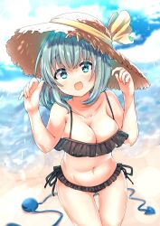 Rule 34 | 1girl, :d, absurdres, alternate costume, alternate headwear, arms up, bare shoulders, beach, bikini, black bikini, black bra, black panties, blue sky, blush, bra, breasts, cleavage, cloud, cloudy sky, collarbone, commentary request, cowboy shot, day, frilled bikini, frilled bra, frilled panties, frills, hat, hat ribbon, highres, komeiji koishi, large breasts, lens flare, looking at viewer, navel, ocean, open mouth, outdoors, panties, ribbon, rpameri, short hair, sky, smile, solo, sparkle, standing, stomach, straw hat, string, swimsuit, thighs, third eye, touhou, underwear, yellow ribbon